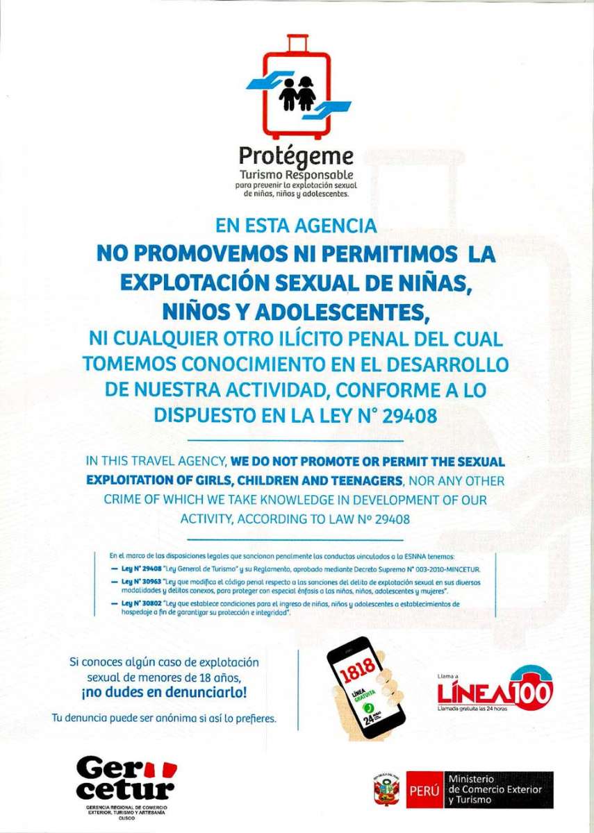 CÓDIGO DE CONDUTA CONTRA A EXPLORAÇÃO SEXUAL DE CRIANÇAS E ADOLESCENTES NO SETOR DE TURISMO (ESNNA) VIAGENS IN PERU